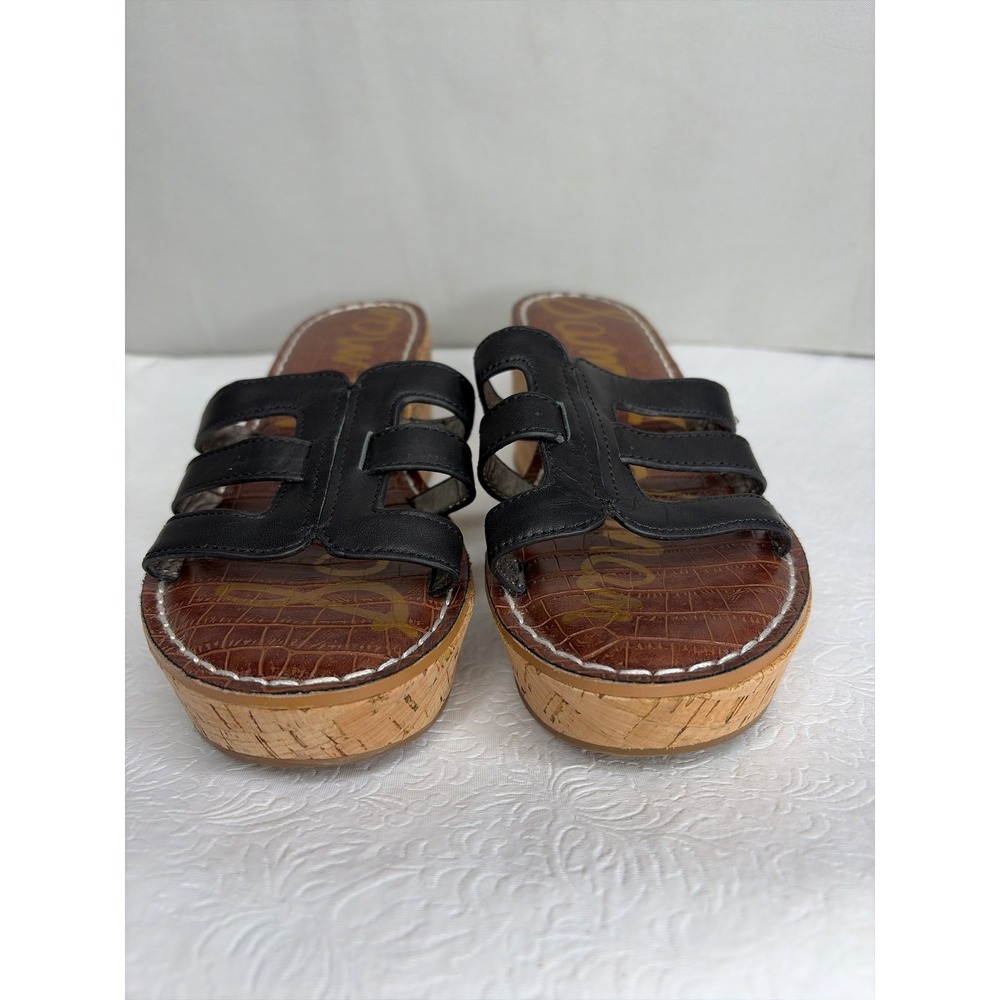 Sam Edelman Ronie Logo Black Leather Cork Wedge Platform Sandals Womens 8.5 M - Picture 5 of 7
